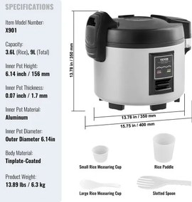 VEVOR Commercial Rice Cooker 45-Cup Non-Stick Pot 9L 12H Keep Warm Restaurant