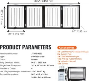 VEVOR Free Standing Dog Gate 32x96.5 inch Freestanding Pet Gate Foldable Brown