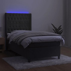 vidaXL Κρεβάτι Boxspring με Στρώμα & LED Σκ. Γκρι 90x190 εκ. Βελούδινο