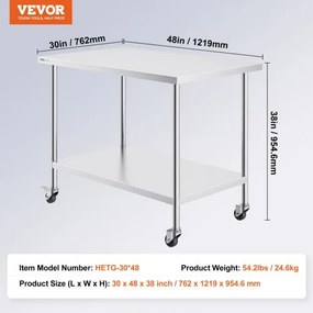 VEVOR Stainless Steel Work Table Commercial Prep Table 30x48 Inch With 4 Casters