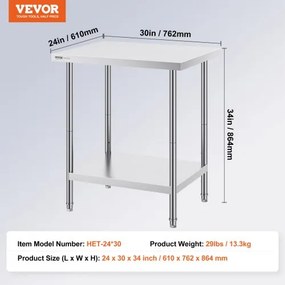 VEVOR Stainless Steel Work Prep Table Commercial Worktable Food Prep 24x30x34in