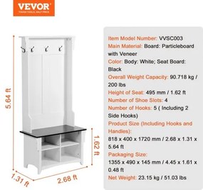 VEVOR Hall Tree Wooden Hall Tree with Bench 5 Hooks for Entryway &amp; Hallway