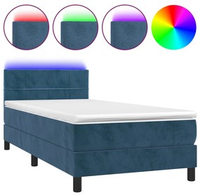 vidaXL Κρεβάτι Boxspring με Στρώμα & LED Σκ. Μπλε 90x200 εκ. Βελούδινο