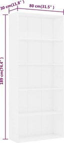vidaXL Βιβλιοθήκη με 5 Ράφια Λευκή 80 x 30 x 189 εκ. Επεξ. Ξύλο