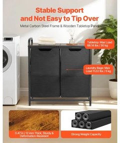 VEVOR 2 Section Laundry Sorter with Pull-Out Bags Metal Frame &amp; Wooden Tabletop