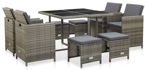 vidaXL Σετ Τραπεζαρίας Εξ. Χώρου 9 τεμ. Γκρι Συνθ. Ρατάν με Μαξιλάρια