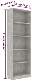 vidaXL Βιβλιοθήκη με 5 Ράφια Γκρι Σκυροδέμ. 60x24x175 εκ. Επεξ. Ξύλο