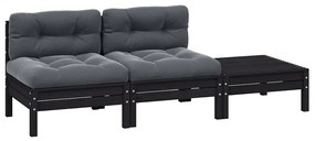 Σαλόνι Κήπου Σετ 3 Τεμαχίων Μαύρο Μασίφ Ξύλο Πεύκου & Μαξιλάρια