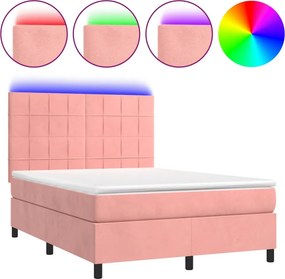 vidaXL Κρεβάτι Boxspring με Στρώμα &amp; LED Ροζ 140x200 εκ. Βελούδινο