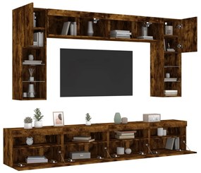 vidaXL Ντουλάπια Τηλεόρασης Τοίχου 8 τεμ. με Φώτα LED Καπνιστή Δρυς