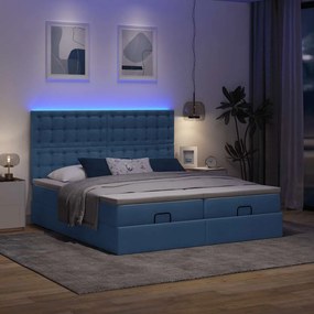 vidaXL Οθωμανικό κρεβάτι με στρώματα &amp; LEDs Μπλε 200x200cm ύφασμα