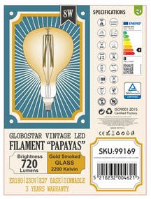 GloboStar 99169 Λάμπα LED Long Filament E27 ER180 PAPAYAS Γλόμπος 8W 720lm 360° AC 220-240V IP20 Φ18 x Υ30cm Ultra Θερμό Λευκό 2200K με Μελί Γυαλί - Dimmable - 3 Years Warranty - 99169