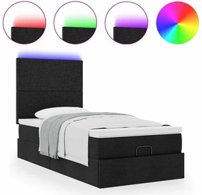 vidaXL Οθωμανικό κρεβάτι με στρώμα &amp; LEDs Μαύρο 90x200 cm Ύφασμα