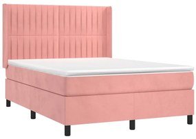 vidaXL Κρεβάτι Boxspring με Στρώμα &amp; LED Ροζ 140x200 εκ. Βελούδινο