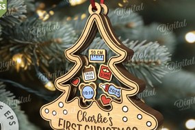 Σετ των 3 Intra απο ξύλο plywood 3mm-4mm πάχος Πρώτο χριστουγεννιάτικο στολίδι μωρού με λέιζερ Δίασταση 8x8 cm INTRAFABR-110676370