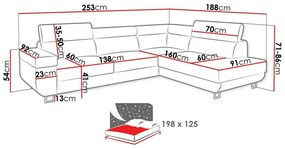 Γωνιακός Καναπές Orem 110, Γκρι, Λειτουργία ύπνου, Αποθηκευτικός χώρος, 253x188x71cm