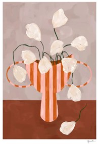 Πόστερ White Flowers In Striped Vase - Κόκκινο Άσπρο 30 x 40 cm THE POSTER CLUB