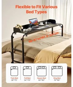 VEVOR Overbed Table Mobile Bed Side Desk 4 Wheels (2 with Brakes) &amp; Power Socket