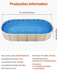 VEVOR Oval Pool Liner 15x30ft Overlap Style Pool Liner 54in Wall Height