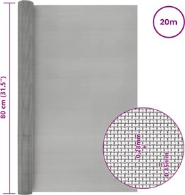 vidaXL Πλέγμα Οθόνης 60 mesh 80 x 2000 cm Ανοξείδωτο Ατσάλι 201 Ασημί