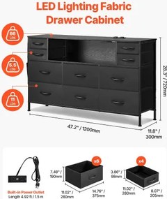 VEVOR 10 Fabric Drawer Dresser with Open Storage Shelf LED Lights &amp; Outlet Black