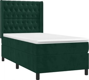 vidaXL Κρεβάτι Boxspring με Στρώμα &amp; LED Σκ. Πράσινο 90x200 εκ Βελούδο