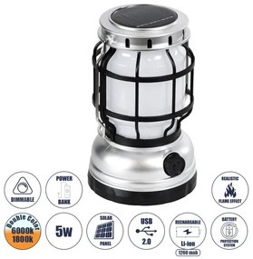 Αυτόνομο Ηλιακό Επαναφορτιζόμενο Φανάρι Camping LED 5W με Εναλλαγή Χρωμάτων Flame Effect IP54 - Dimmable 6000K Globostar-69931-Α 69931