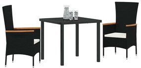 vidaXL Σέτ φαγητού για κήπο με μαξιλάρι 3 pcs Μαύρο Πολυ ράταν