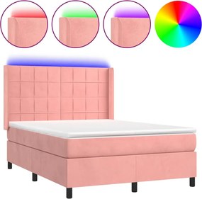 vidaXL Κρεβάτι Boxspring με Στρώμα &amp; LED Ροζ 140x200 εκ. Βελούδινο