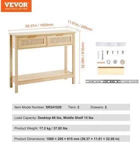 VEVOR Rattan Console Table with 2 Storage Drawers Rattan Sliding Door Natural