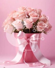 Intra Συλλεκτικό Ξύλινο Παζλ Plywood 4mm - Ροζ τριαντάφυλλα σε βάζο με λευκή κορδέλα και πέρλες Σε Ξύλινο Κουτί - Διαστάσεις Puzzle: 10x10 cm – 25 κομμάτια