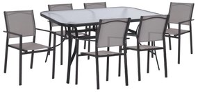 OUTDOOR DINING SET  7PCS METAL TABLE WITH GLASS TOP &amp; METAL ARMCHAIRS WITH TEXTLINE IN GREY