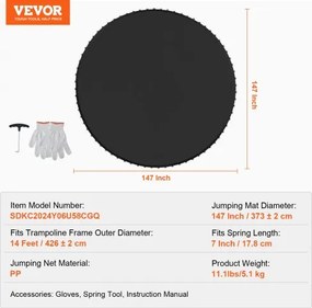VEVOR Replacement Trampoline Mat Fits 14ft Frame 96 V-Rings 7" Spring Length