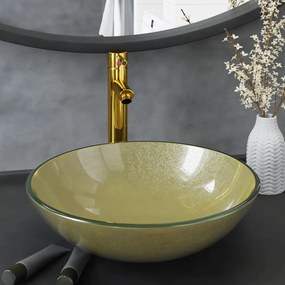 Νιπτήρας Μπάνιου με Βρύση+ Βαλβίδα Πατητή από Ψημ. Γυαλί Χρυσός
