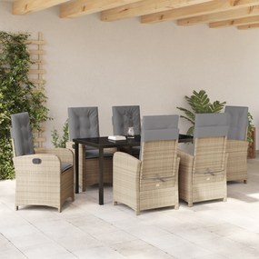 vidaXL 7 τμχ σετ εξωτερικών τραπεζιών με μαξιλάρια μπεζ Poly ρατάν