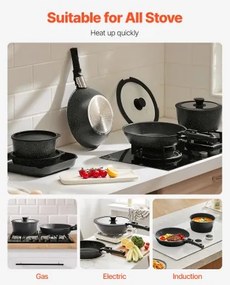VEVOR 17 Piece Pots and Pans Set Granite Nonstick Kitchen Cookware Black