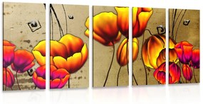 Εικόνα 5 μερών κόκκινες παπαρούνες σε μια έθνο πινελιά - 100x50