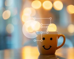 Intra Συλλεκτικό Ξύλινο Παζλ Plywood 4mm - Κίτρινο φλιτζάνι καφέ με χαμογελαστό πρόσωπο στο τραπέζι Σε Ξύλινο Κουτί - Διαστάσεις: 10x10 cm – 25 κομμάτια