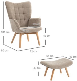 HOMCOM Πολυθρόνα με υποπόδιο, πολυθρόνα σε υφή κοτλέ, πολυθρόνα με ξύλινα πόδια, για σαλόνι, ανοιχτό καφέ