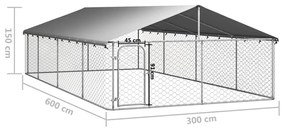 Κλουβί Σκύλου Εξωτερικού Χώρου 600 x 300 x 150 εκ. με Στέγαστρο - Ασήμι