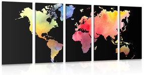 Χάρτης εικόνων 5 μερών του κόσμου σε σχέδιο ακουαρέλας σε μαύρο φόντο - 200x100