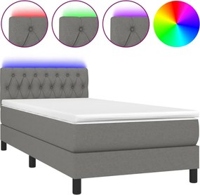 vidaXL Κρεβάτι Boxspring με Στρώμα &amp; LED Σκ.Γκρι 90x200 εκ. Υφασμάτινο