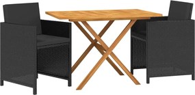 vidaXL Σετ Τραπεζαρίας Κήπου 3 Τεμαχίων Μαύρο με Μαξιλάρια