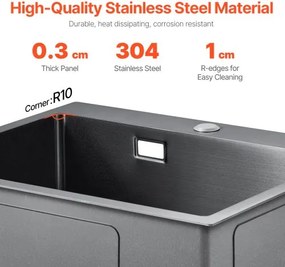 VEVOR 55cm Kitchen Sink Topmount Single Bowl Drop-In Basin Stainless Steel Black