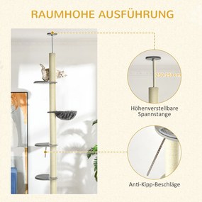 PawHut Ορθοστάτης για γάτες με αιώρα, με ελατήριο οροφής, ύψος οροφής, 40 εκ. x 40 εκ. x 250 εκ., Γκρι + Κρεμ