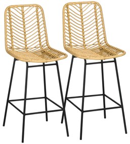 Σετ σκαμπό μπαρ HOMCOM 2 τεμαχίων με πλάτη, σκαμπό μπαρ σε boho σχεδιασμό, PE-Rattan, με υποπόδιο, 42,5 cm x 52 cm x 102 cm, Κίτρινο + Μαύρο