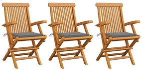 vidaXL Καρέκλες Κήπου 3 τεμ. από Μασίφ Ξύλο Teak με Γκρι Μαξιλάρια