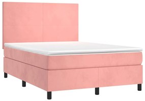 Κρεβάτι Boxspring με Στρώμα &amp; LED Ροζ 140x200 εκ. Βελούδινο - Ροζ