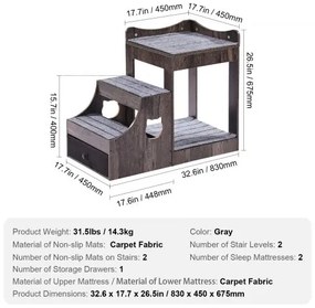 VEVOR Pet Bunk Bed with Stairs Dog/Cat Window Perch with Storage Indoor Gray