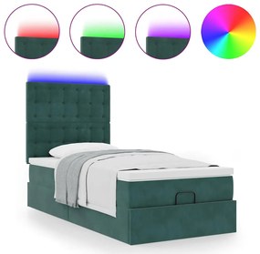 vidaXL Οθωμανικό κρεβάτι με στρώματα & LEDs Σκούρο πράσινο Βελούδο